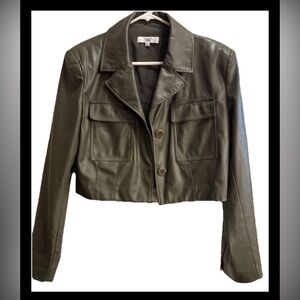 Saunders Olive Green Faux Leather Cropped Jacket Button Pockets